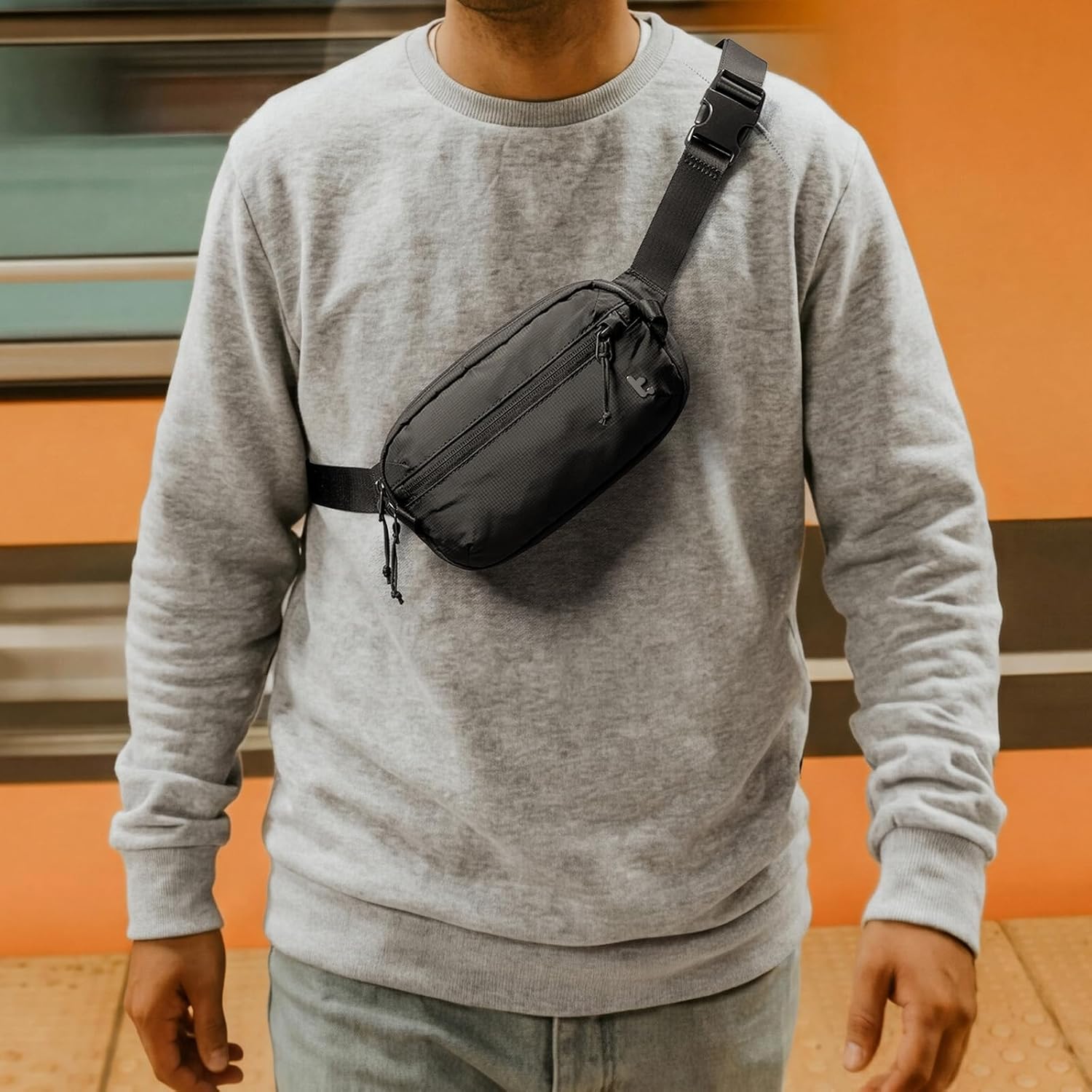 Detalle de tomtoc 1,5-Liter Sling Bag mit RFID-Schutz – leichte Crossbody-Bauchtasche für Alltag, Reise & EDC