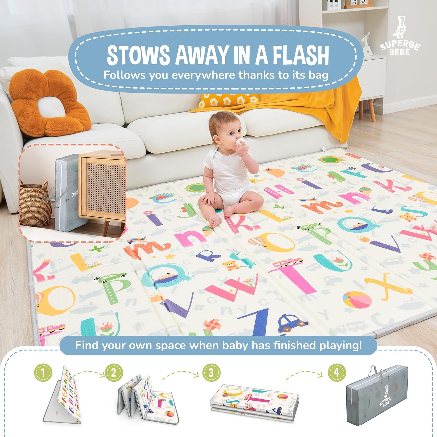 Thumbnail 2 de Tapis d'éveil bébé SUPERBE BEBE pliable épais réversible 150x180 cm — jeu d'éveil XXL en mousse