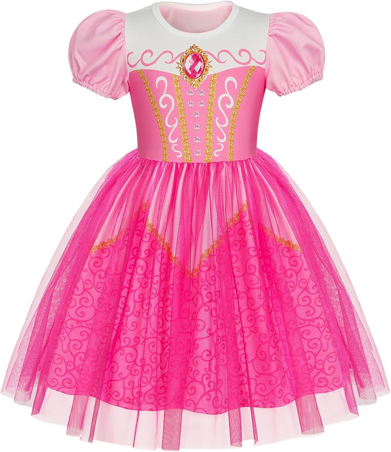 Detalle de Benylion Princess Dress for Girls, Tulle Skirt, Puff Sleeves and Printed Details