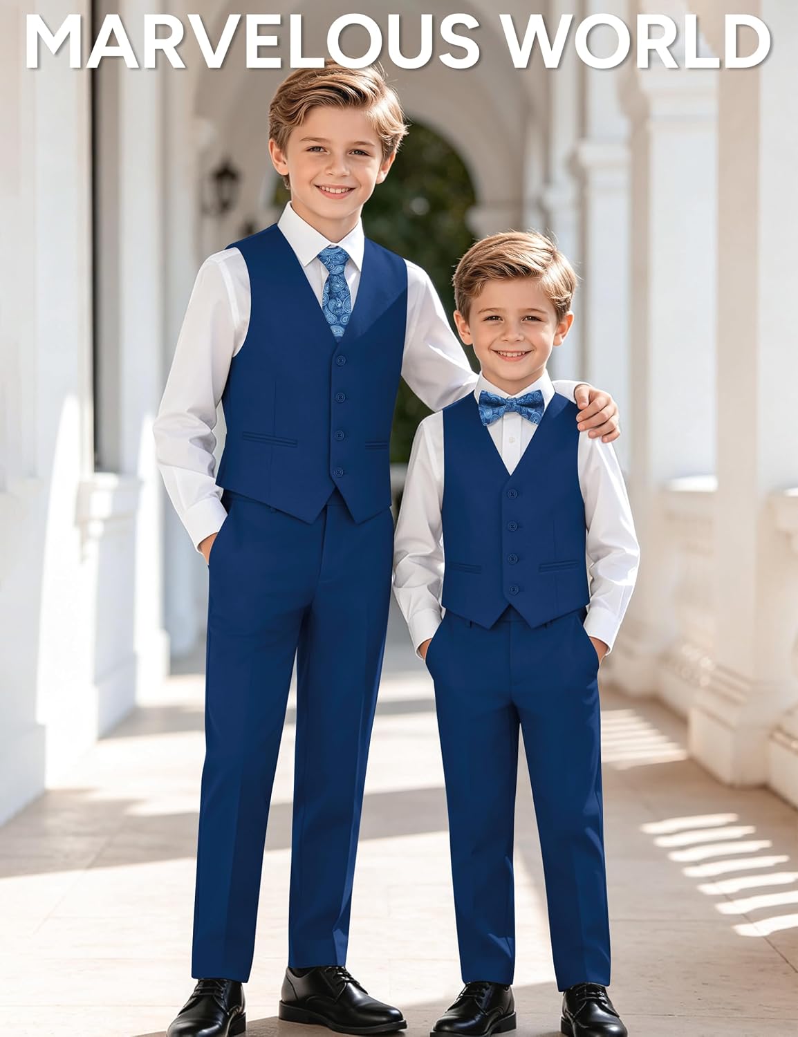 Detalle 2 de Marvelous World Boys’ Slim-Fit Suit Set with Adjustable Waist, Vest and Bow Tie