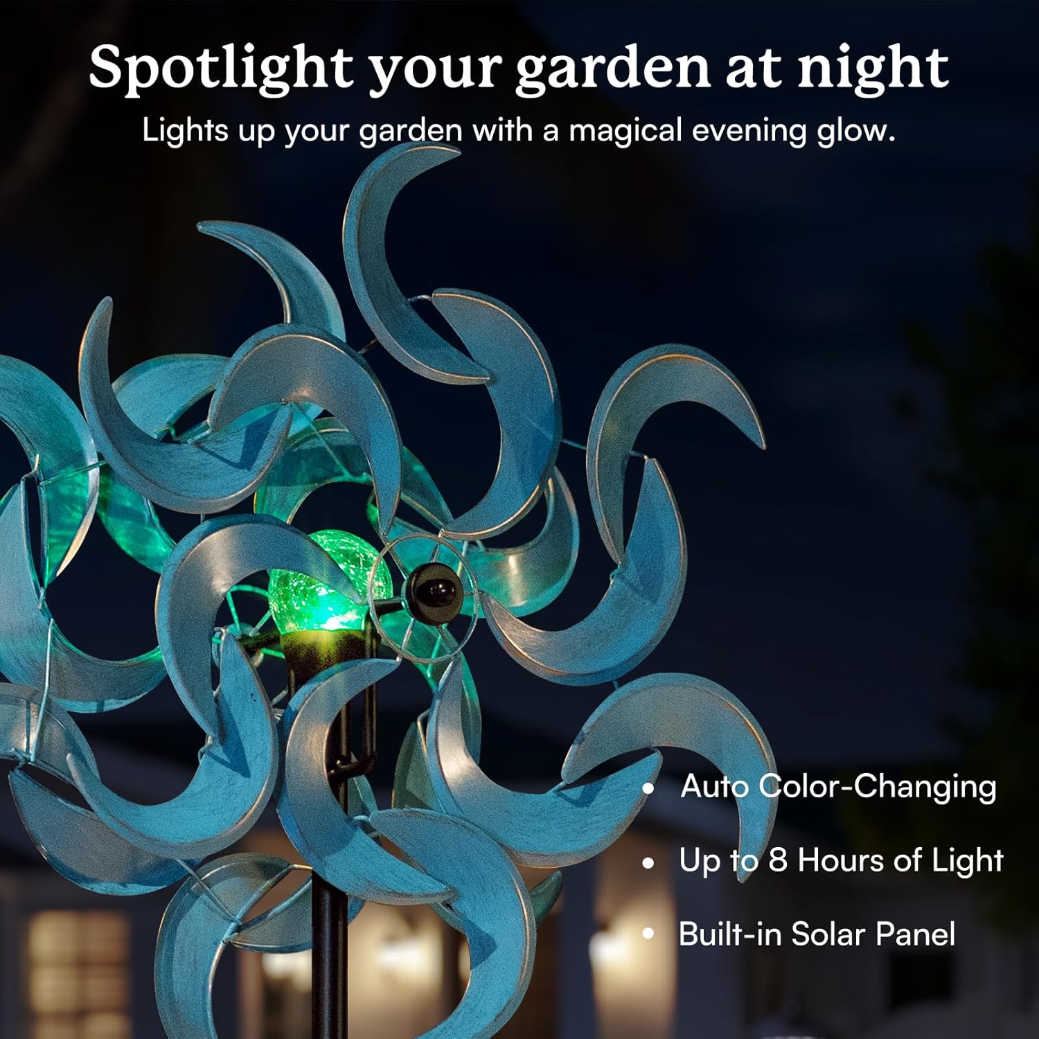 Detalle de Cyan Oasis 87" Wind Spinner Outdoor with Solar Light (Azure Moon) — Large Metal Garden Windmill Decor