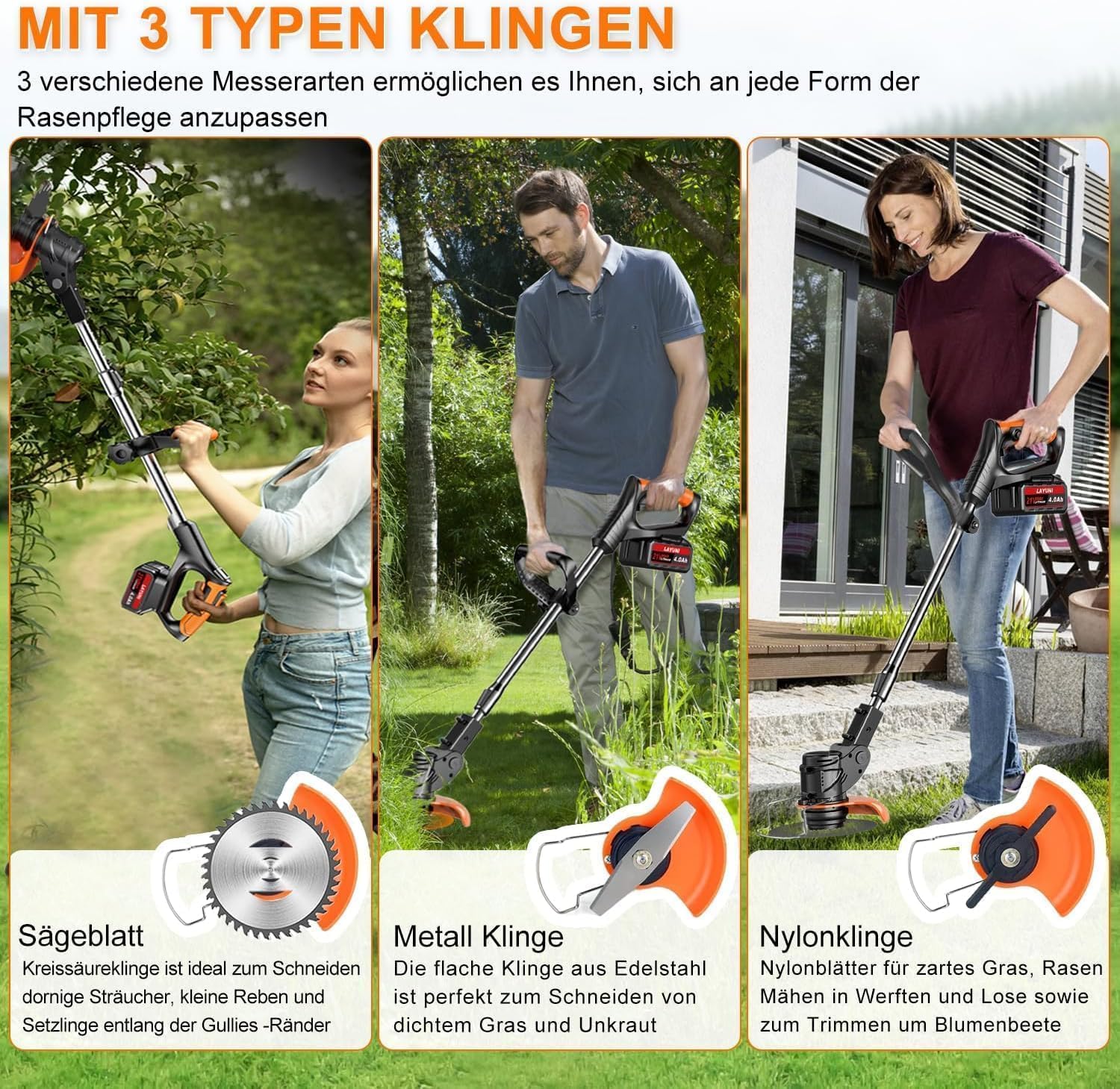 Thumbnail 3 de Akku Rasentrimmer 3‑in‑1 mit Akkus & Ladegerät (2× 3,0Ah), Metallmesser, Teleskopstange