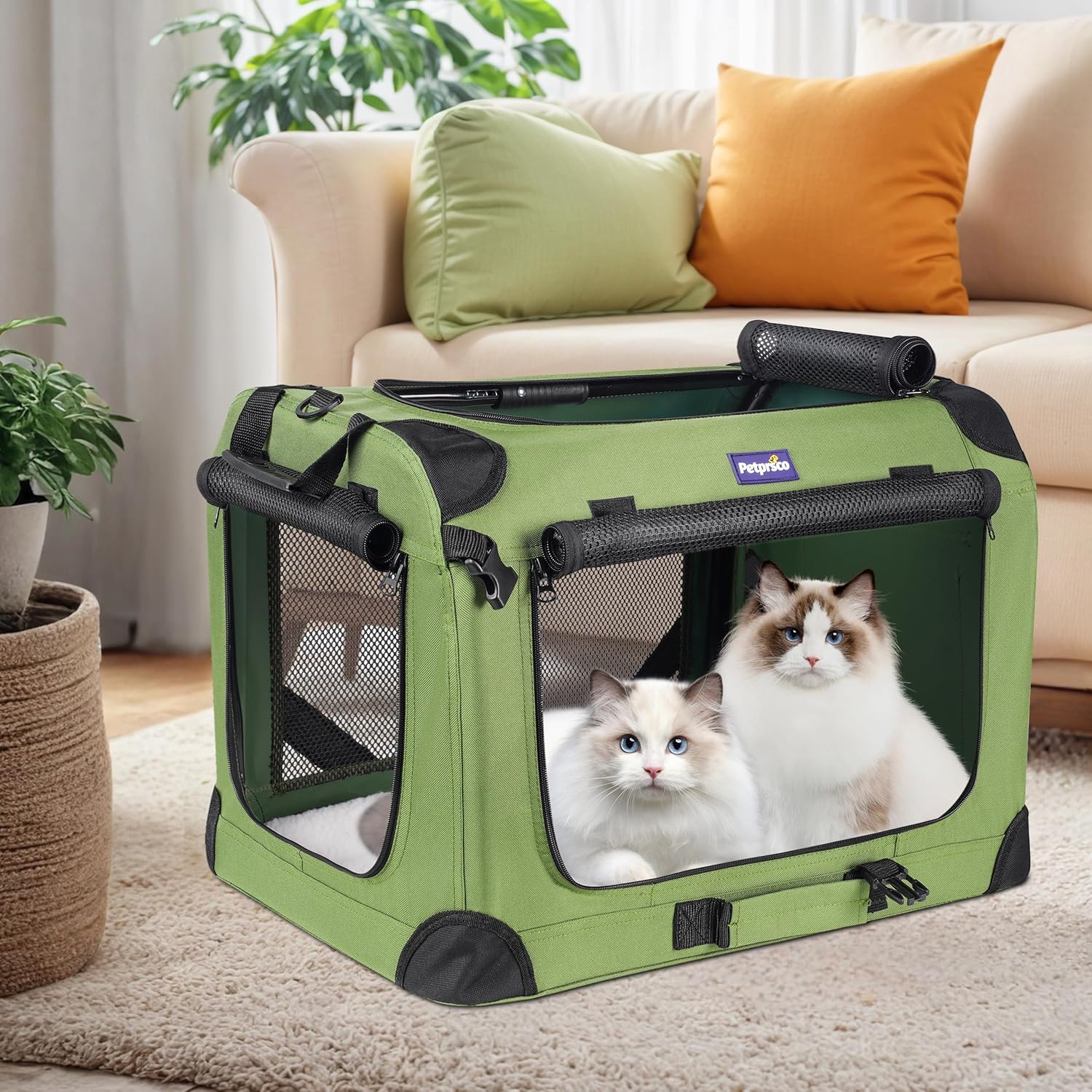 Thumbnail 1 de Petprsco Large Cat Carrier (60 x 42 x 42cm) for 2 Cats and Small–Medium Dogs with Soft Pad, Foldable Bowl & Warm Blanket