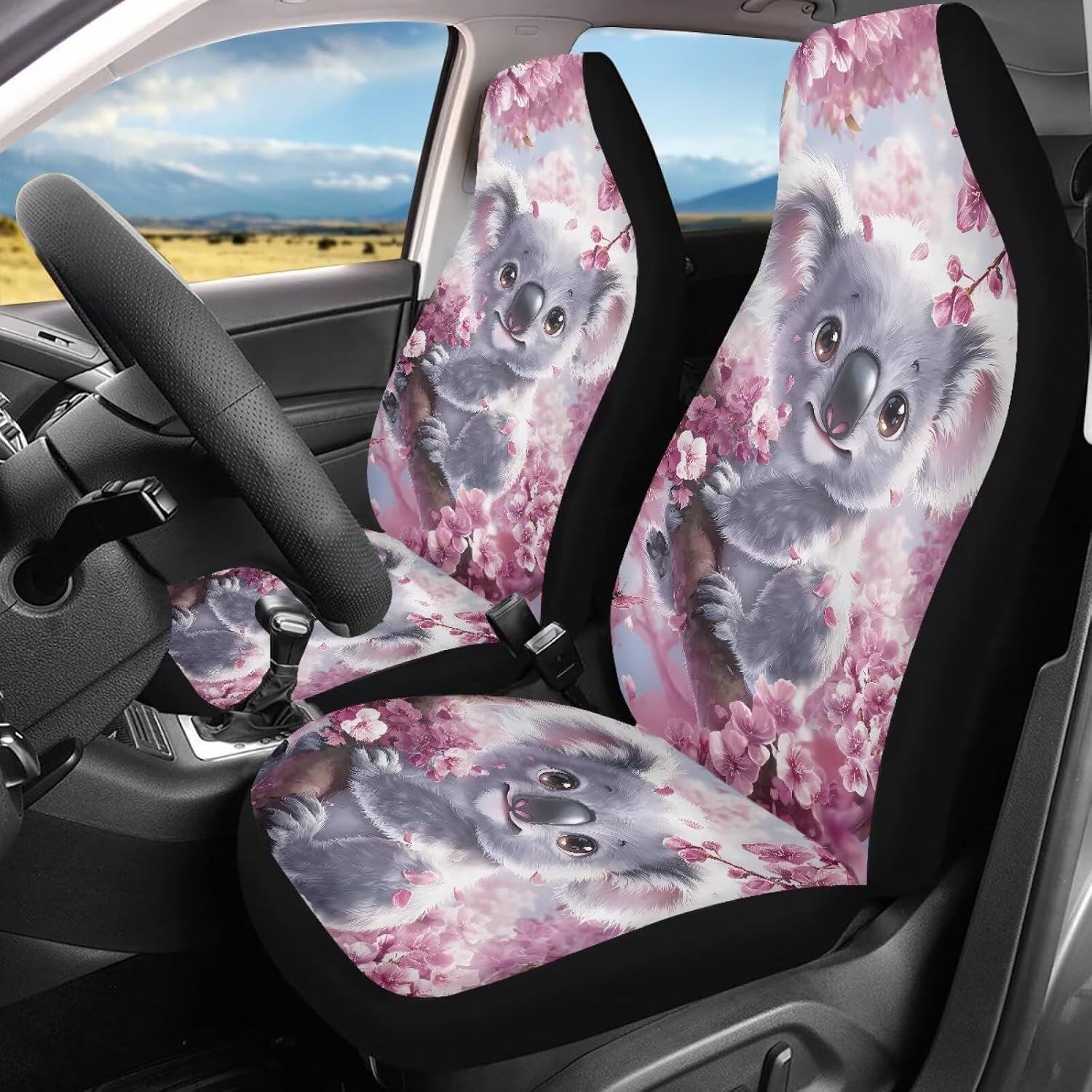 Thumbnail 1 de ZIATUBLES Front Seat Covers Pink Cherry Floral Koala Print – Pack of 2