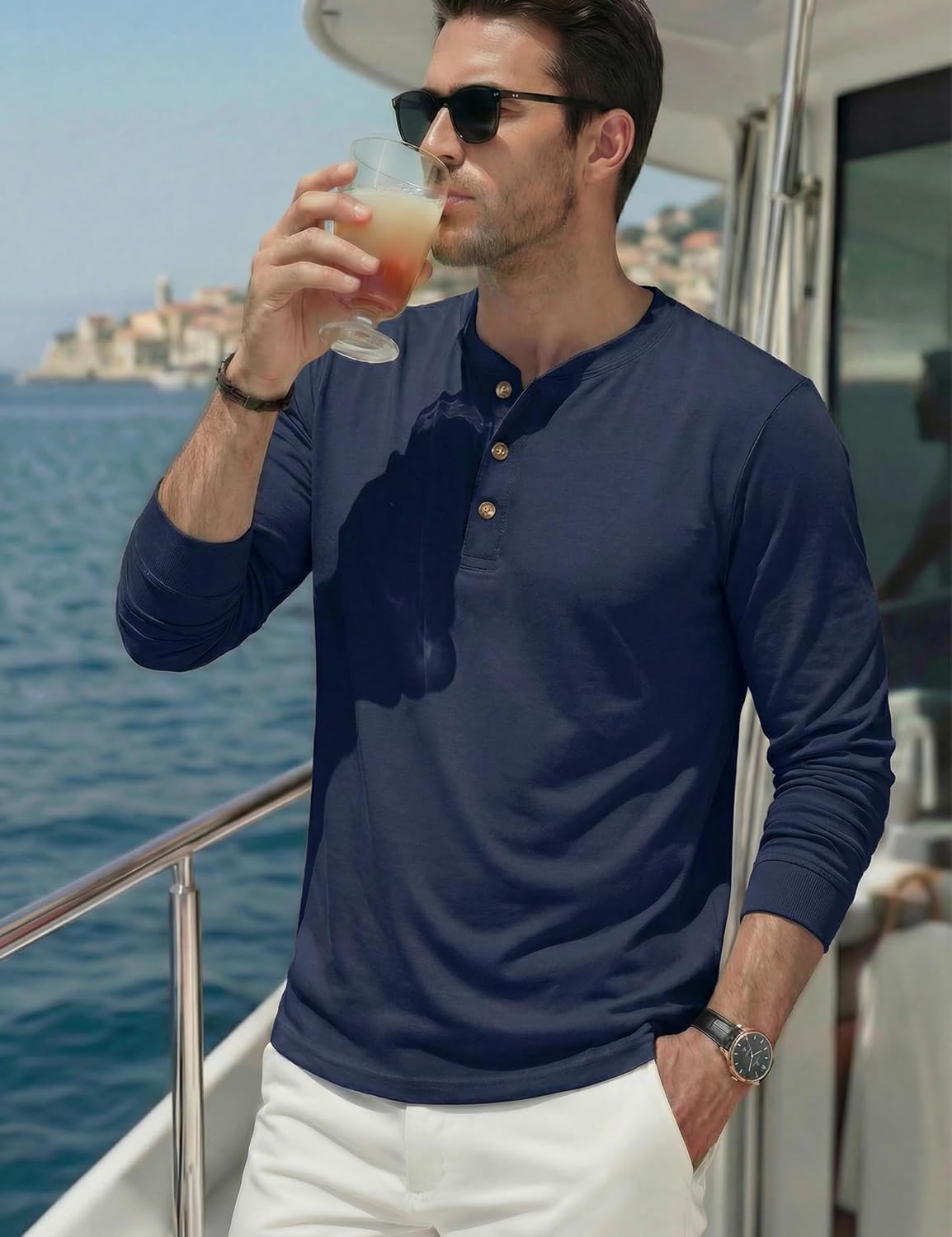 Thumbnail 2 de TACVASEN Men's Long Sleeve Henley T Shirt — Pure Cotton, Classic 3-Button Collar