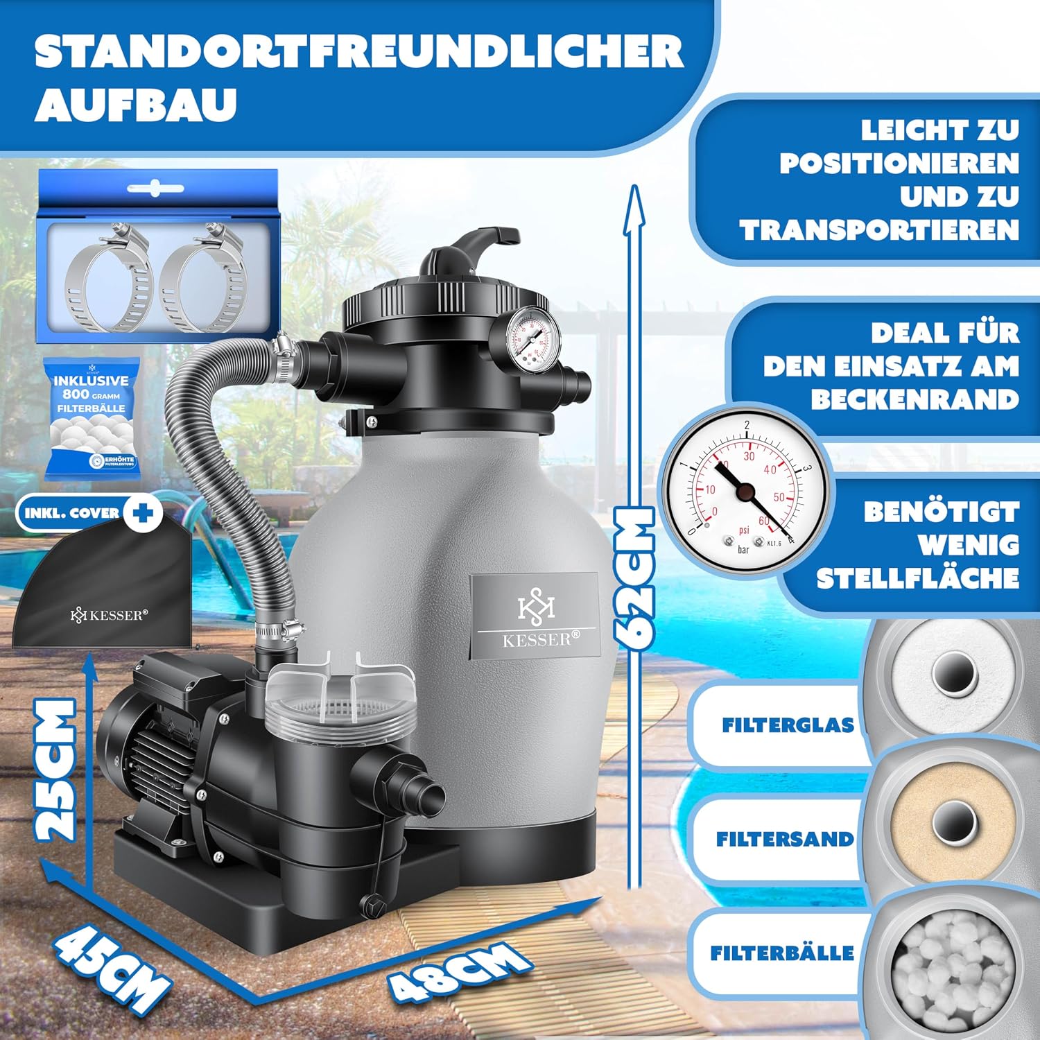 Thumbnail 1 de KESSER Sandfilteranlage mit 10.200 L/h | 7-Wege-Ventil, inkl. 800 g Filterbälle und Wettercover