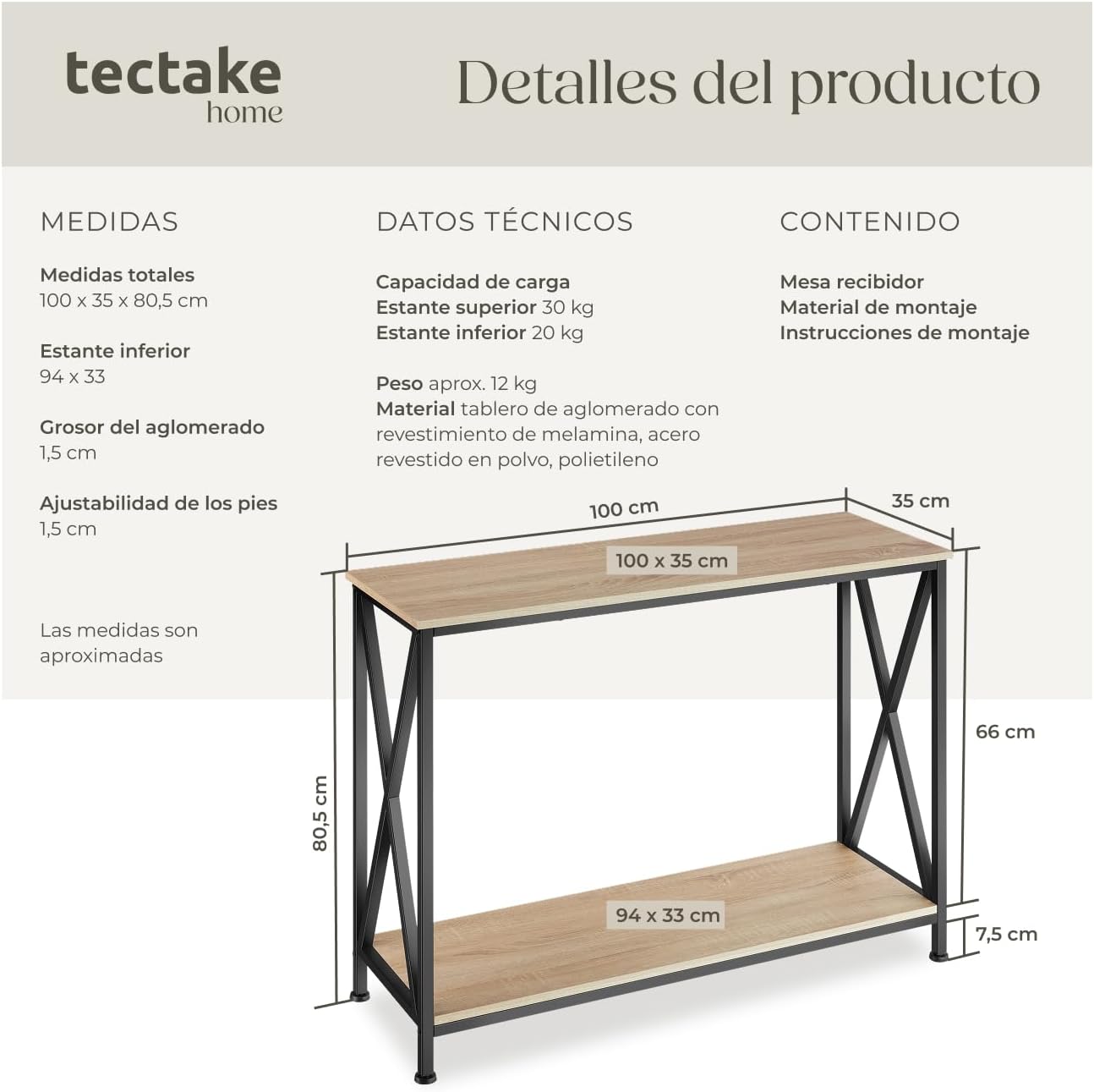 Thumbnail 2 de TecTake® Mesa Consola Recibidor Estilo Industrial Acero Madera 🪵
