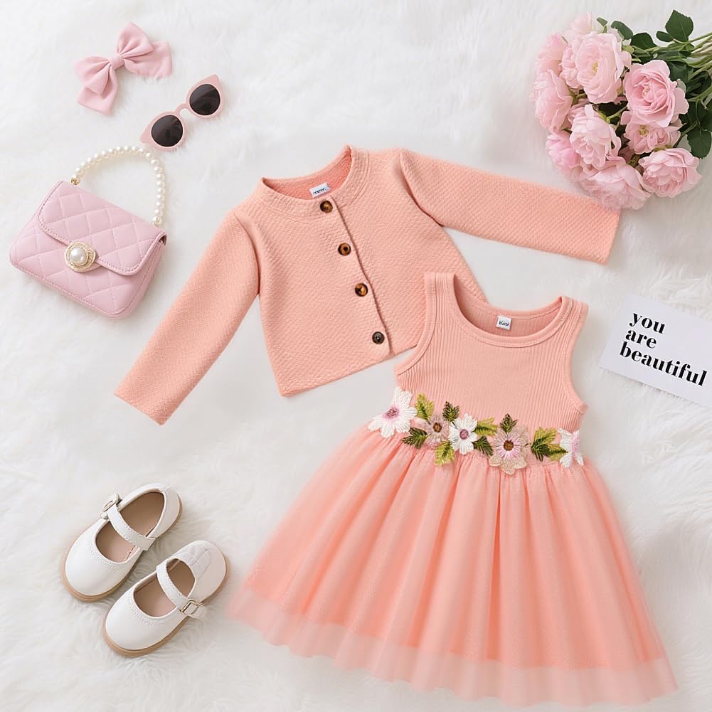 Thumbnail 5 de Vicloon 2-teiliges Baby-Mädchen Kleid mit Strickjacke Set – Baumwollkleid und Strickjacke, 6 Monate bis 2 Jahre