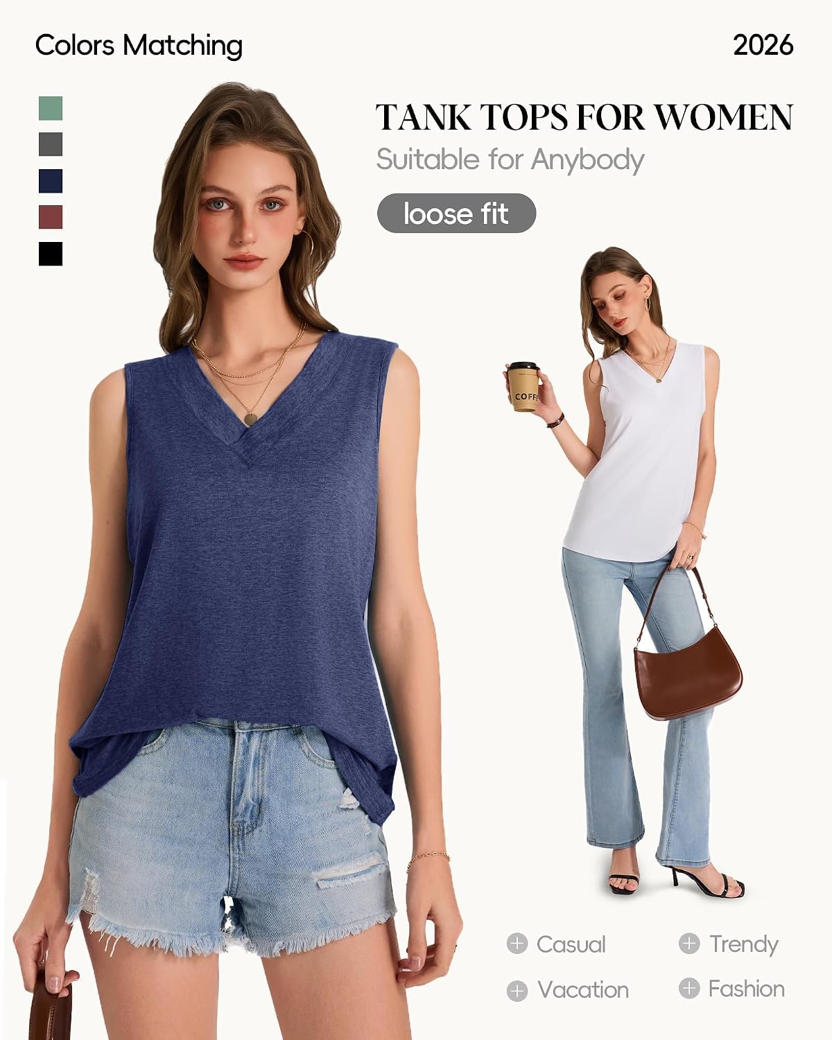 Detalle de GAYHAY 3 Pack Tank Tops for Women – Sleeveless V Neck Loose Fit, Soft Stretchy Summer Tops (2026)
