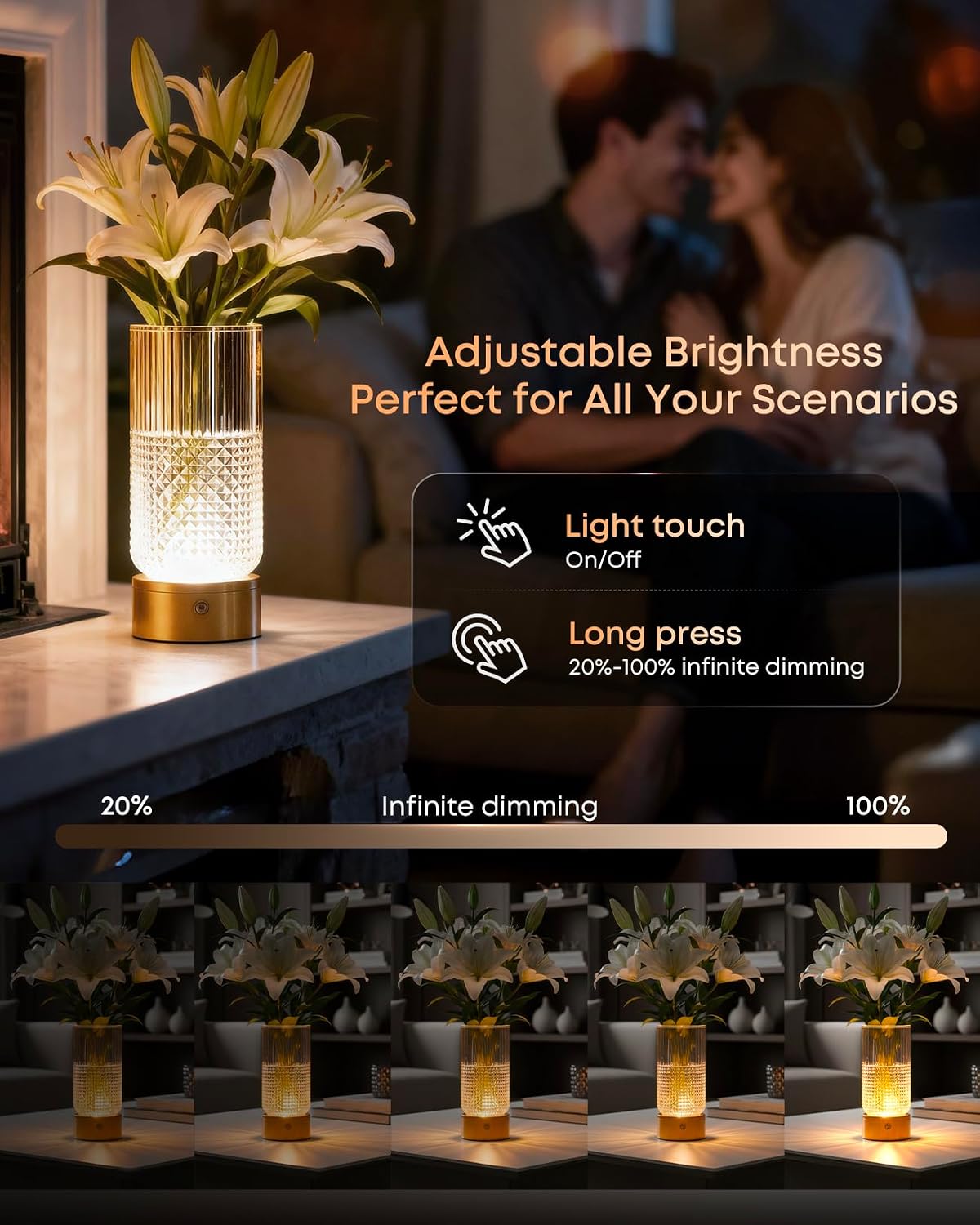 Detalle de YITGOG Light Up Vase with Lamp: Cordless Crystal Vase in Copper Finish, 3-Colour Dimmable Light