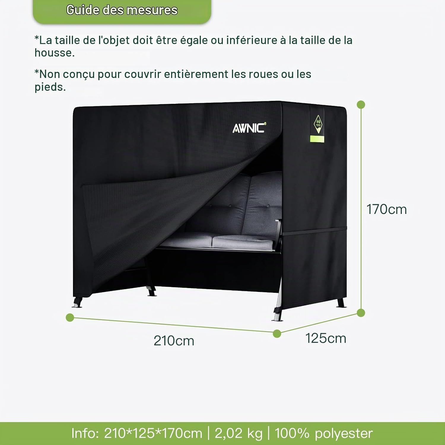 Detalle 2 de AWNIC G-QQ210-3D hoes voor Hollywoodschommel, 3-zits, waterdicht 420D Oxford