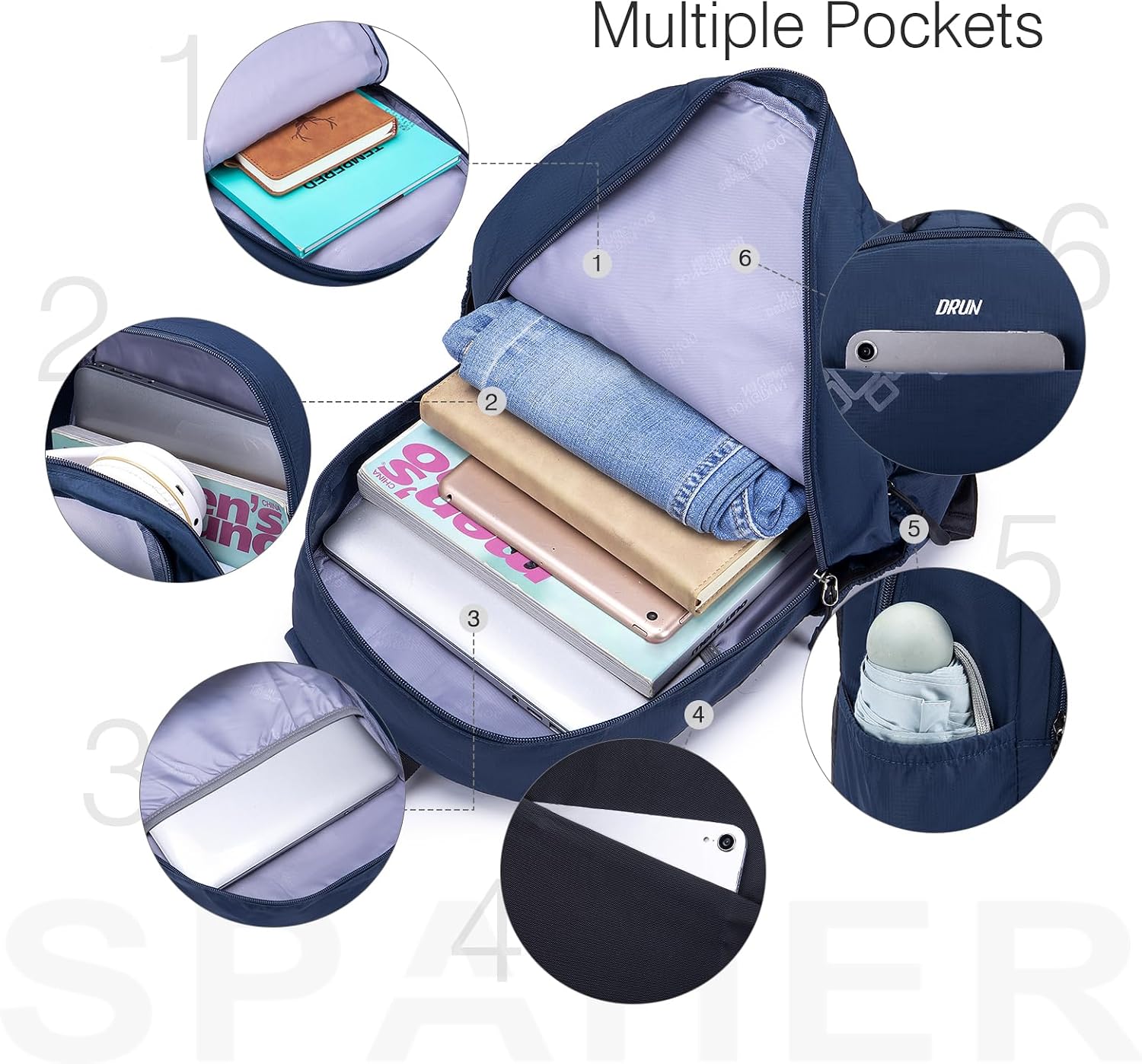 Detalle de SPAHER Bagage Cabine 40x30x15 cm – Sac à dos nomade 20 L imperméable, adapté 15,6 pouces