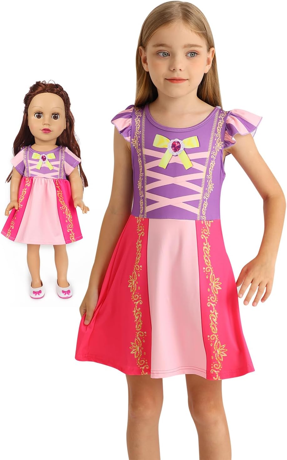 Detalle de AmzBarley Matching Nightgown Set for Girls and 18-Inch Dolls, Flutter Sleeves