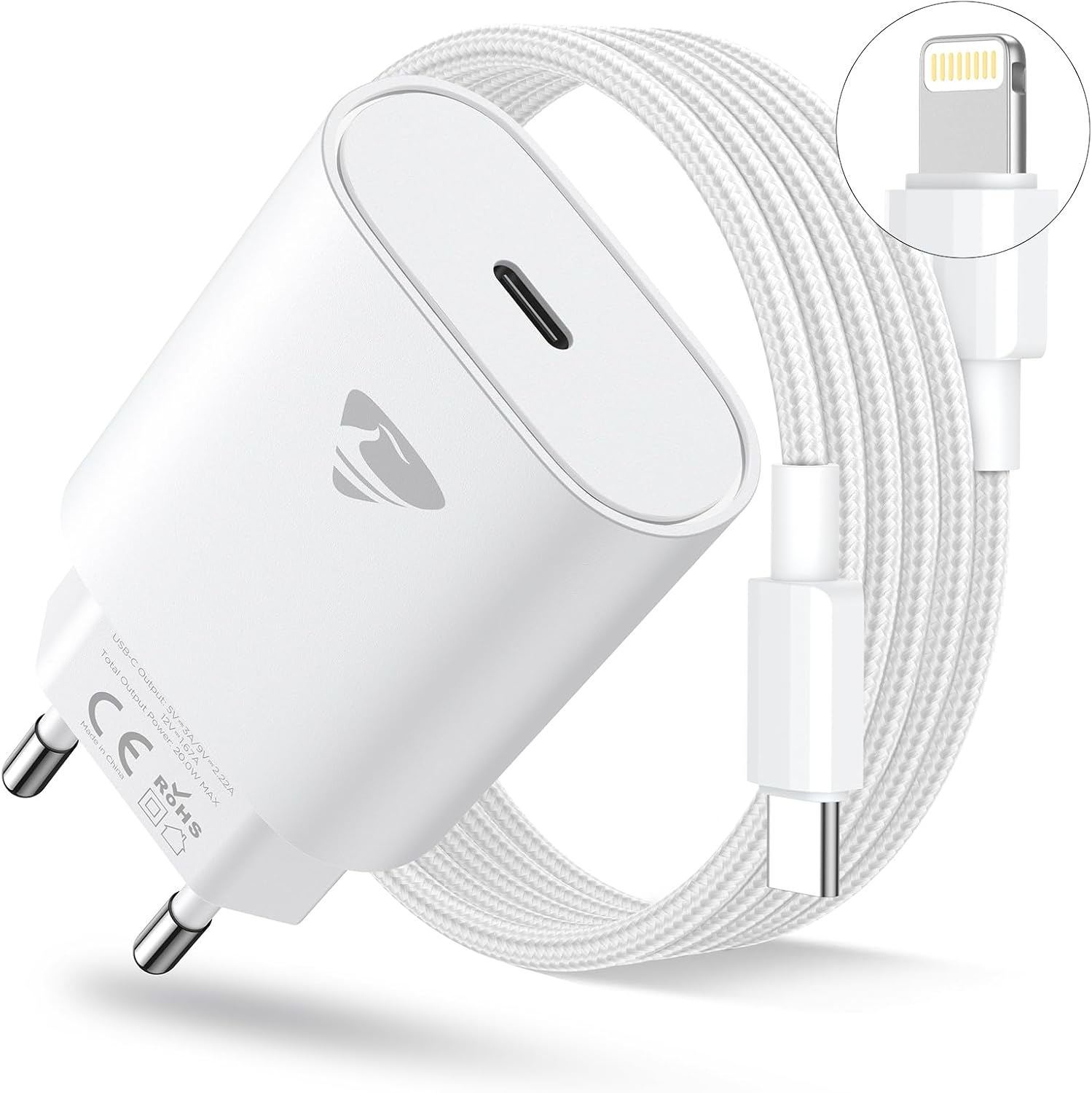 Detalle de Caricatore USB-C 20W con cavo Lightning da 2 m – Yosou, ricarica rapida per iPhone e dispositivi