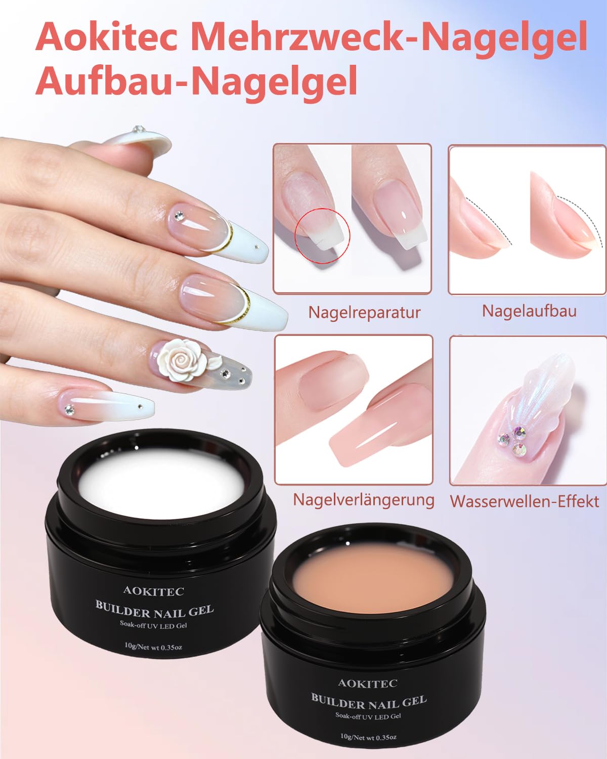 Detalle 2 de Aokitec Aufbaugel-Set für Gelnägel (No File & Self-Glättend) – UV-Gel in Nude und Weiß