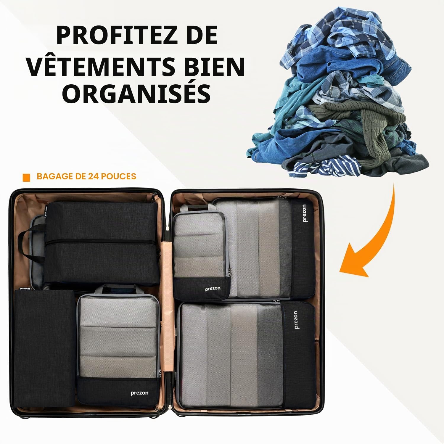 Thumbnail 6 de Prezon Lot de 6 cubes de rangement compressibles – Organisateurs extensibles pour valise, mesh TPU noir