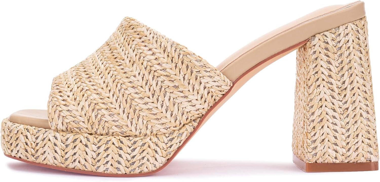 Detalle de Monrovia Raffia Heeled Sandals for Women — Platform Wedge Slip-On Open-Toe Sandals