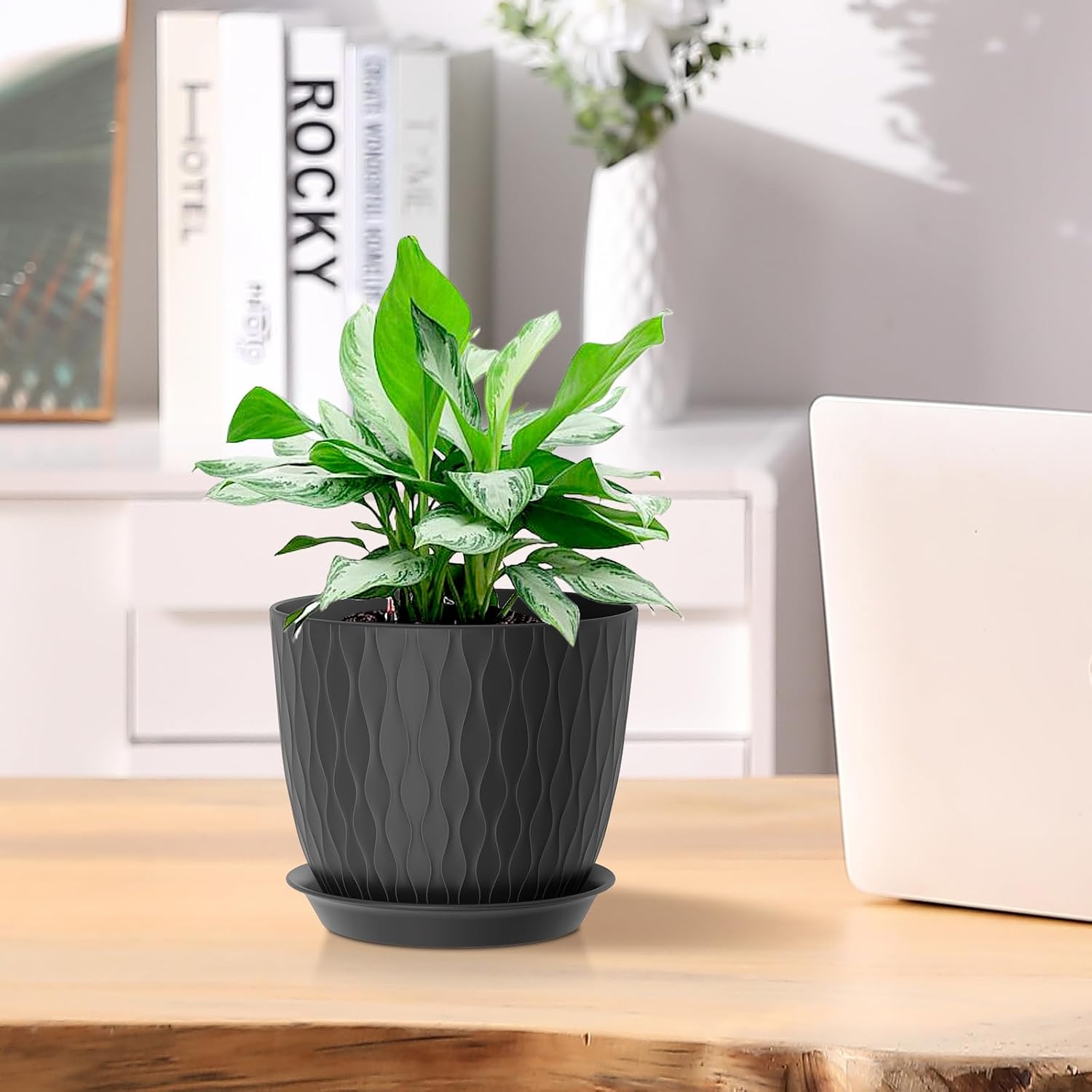 Thumbnail 6 de 17cm Indoor Plant Pots (5-Pack) – Plastic Planters with Drainage Holes and Saucer, Black with Decorative Stripe Grooves