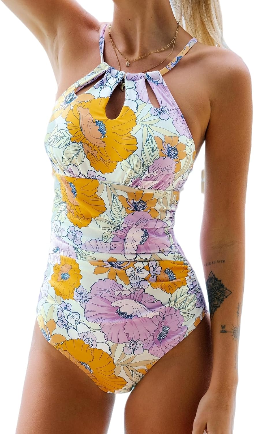 Detalle de CUPSHE Damen Badeanzug mit Bauchweg-Effekt, Hochhals-Design und Zierausschnitten – Blumenmuster