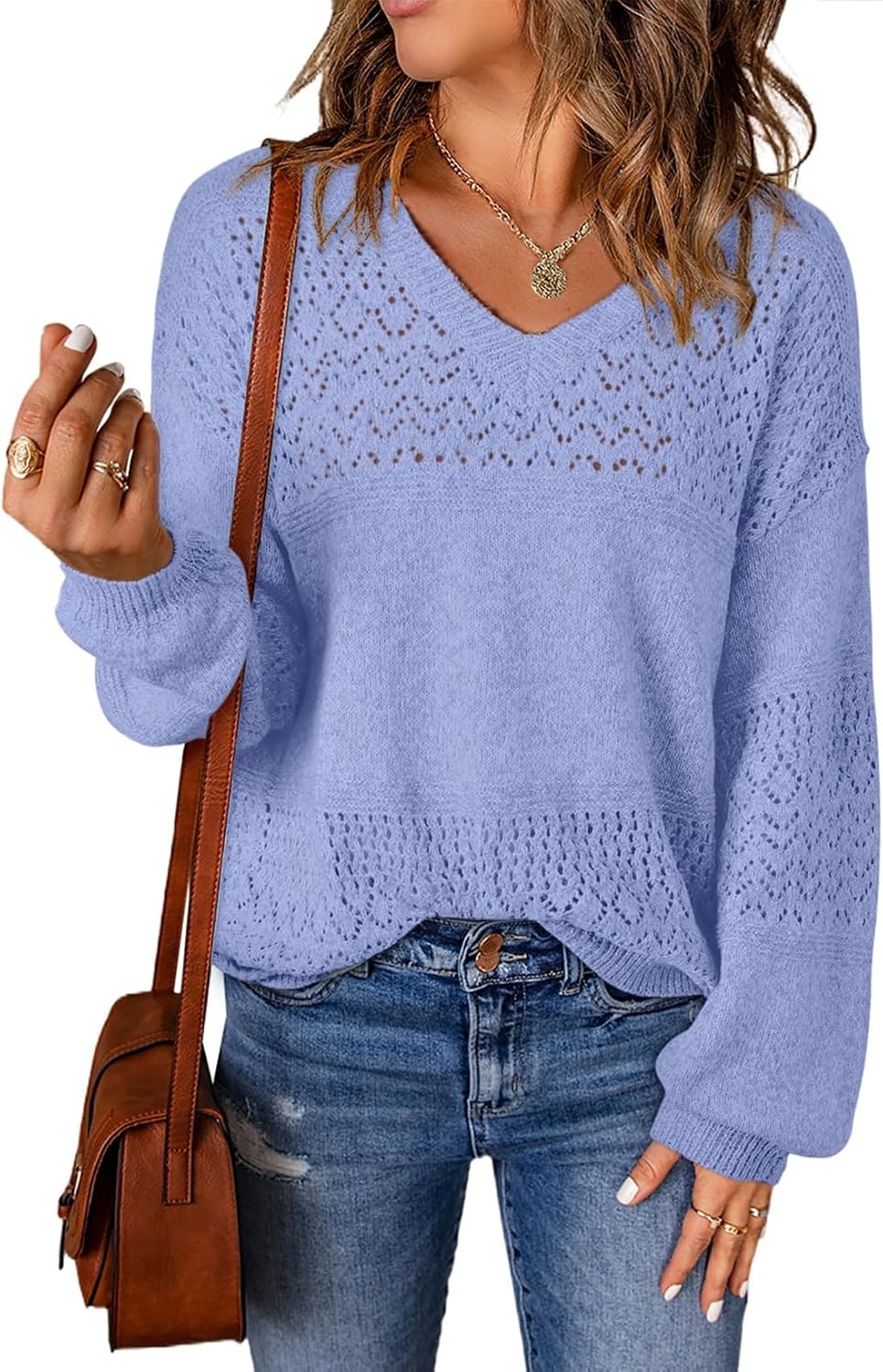 Thumbnail 6 de SHEWIN Women's Crochet V‑Neck Lightweight Sweater