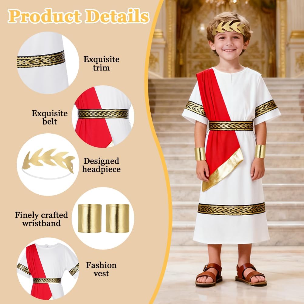 Thumbnail 2 de BSBUY Costume antica Grecia e Roma per bambini bianco e rosso con toga, cintura e fascia