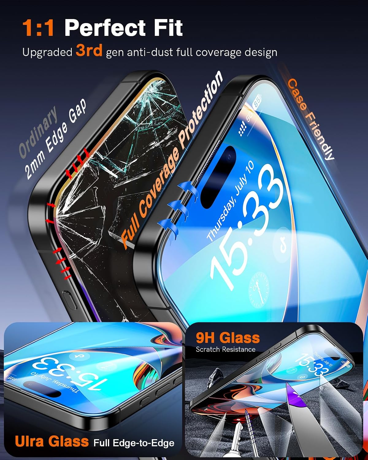 Detalle de LK 2 Pack for iPhone 16 Screen Protector – 9H+ Tempered Glass with Auto Dust Removal