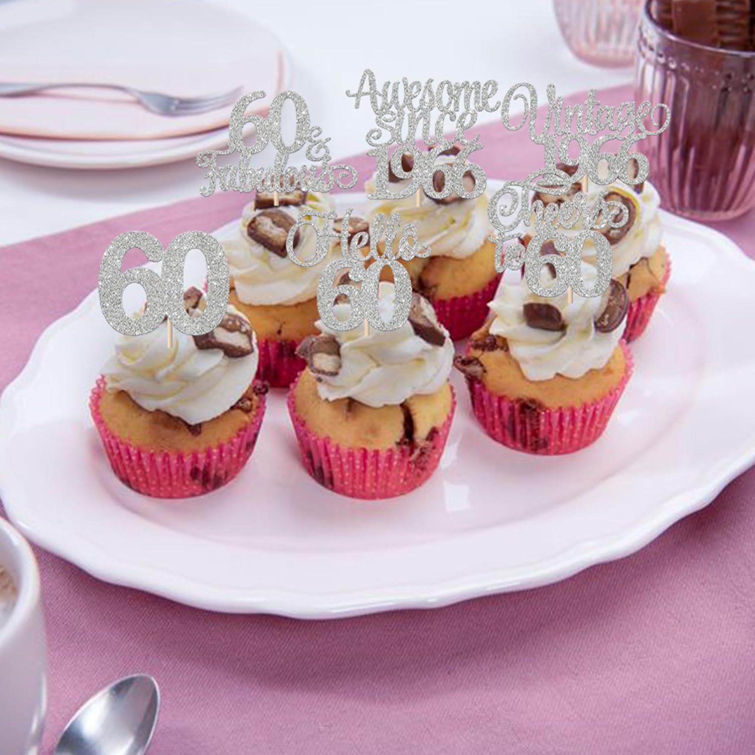 Detalle 2 de Xsstarmi 24 Pack Vintage 1966 Cupcake Toppers Glitter Silver Hello 60 Fabulous Cupcake Picks