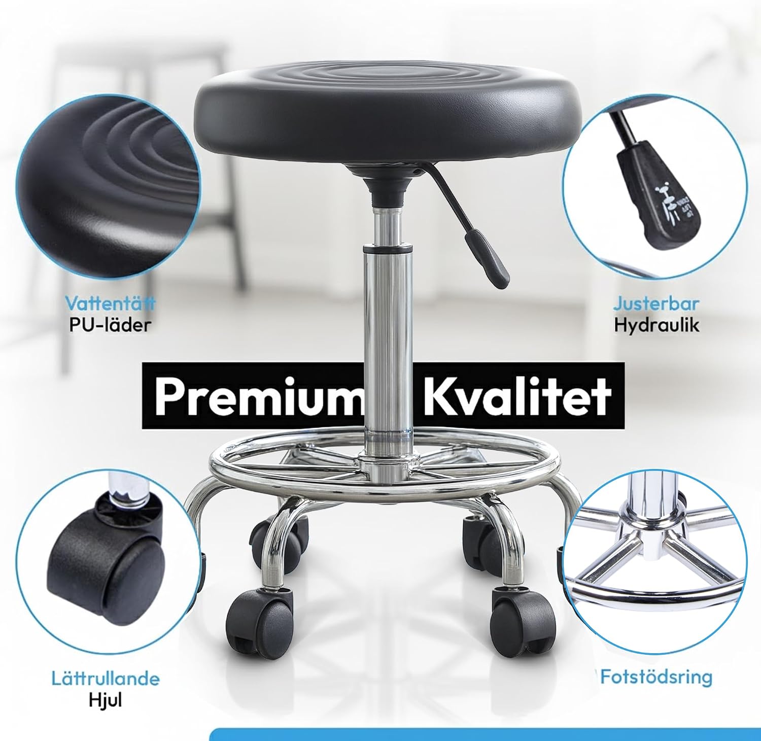 Detalle de GOODS+GADGETS arbetspall på hjul, höj- och sänkbar med konstlädersits