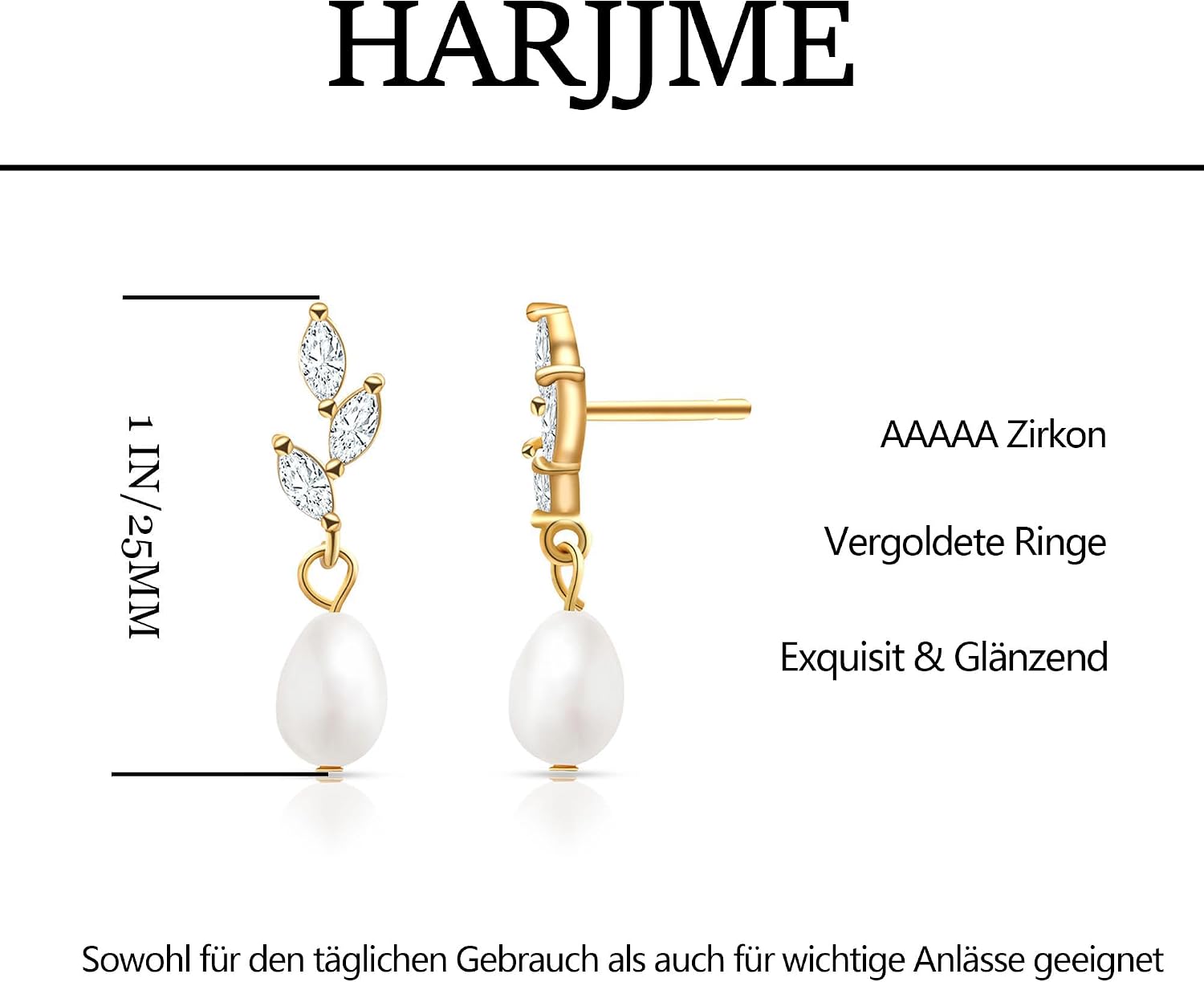 Detalle de HARJJME Perlen Ohrringe Silber 925 – Lange Hängende Zirkonia-Ohrhänger, 14K Vergoldet, hypoallergen