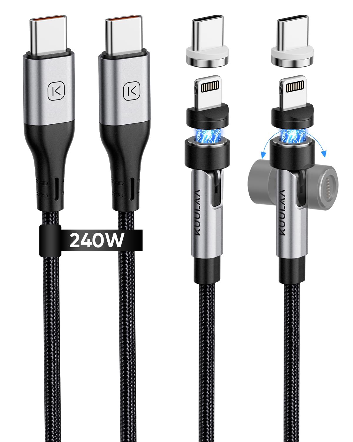 Detalle de Kuulaa 2-in-1 Magnetladekabel USB-C mit 240W PD 3.1 – Magnetstecker, kompatibel mit iPhone-Serie, MacBook, iPad und mehr