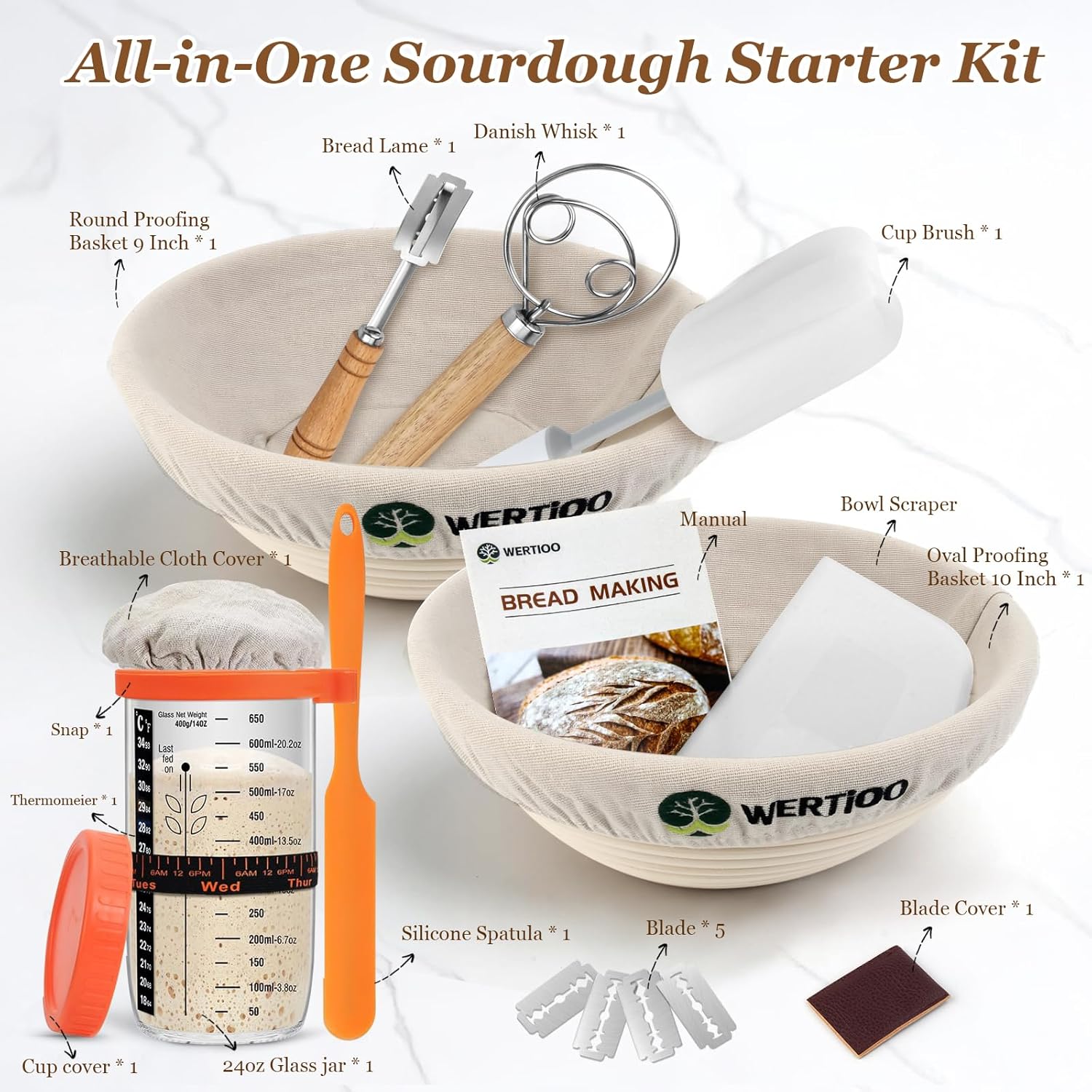 Detalle 2 de Sourdough Starter Kit with 2 Round Banneton Baskets (9-inch) and Glass Jar — Complete Starter for Home Bread Baking