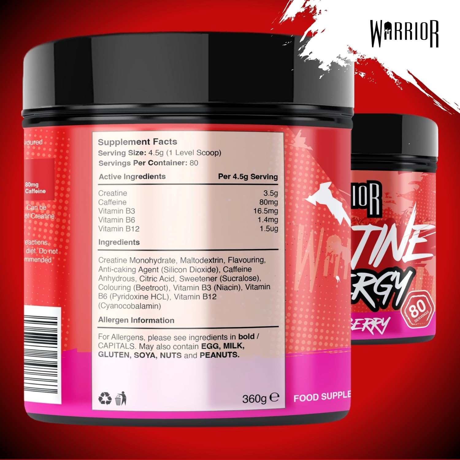 Thumbnail 2 de Warrior Kreatin Monohydrat + Energy Pulver 360 g (Gemischte Beeren) – 80 Portionen mit Koffein & Vitaminen