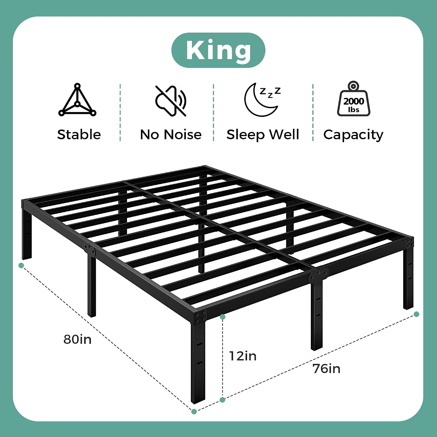 Detalle de Awesofurni King Size Bed Frame, 14-Inch Metal Platform with Underbed Storage