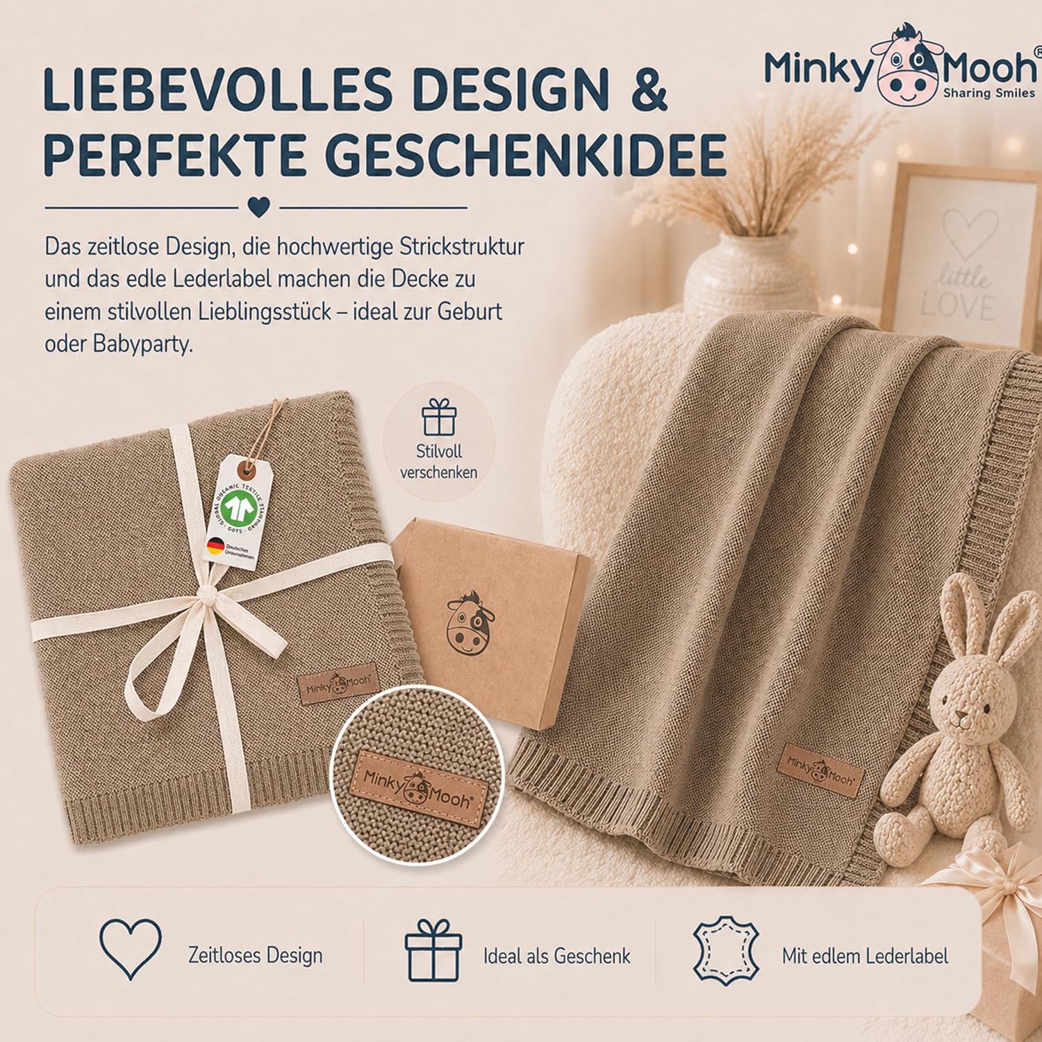 Thumbnail 5 de Minky Mooh® Babydecke aus 100% Bio-Baumwolle, Öko-Tex 100, Taupe 94 x 72 cm