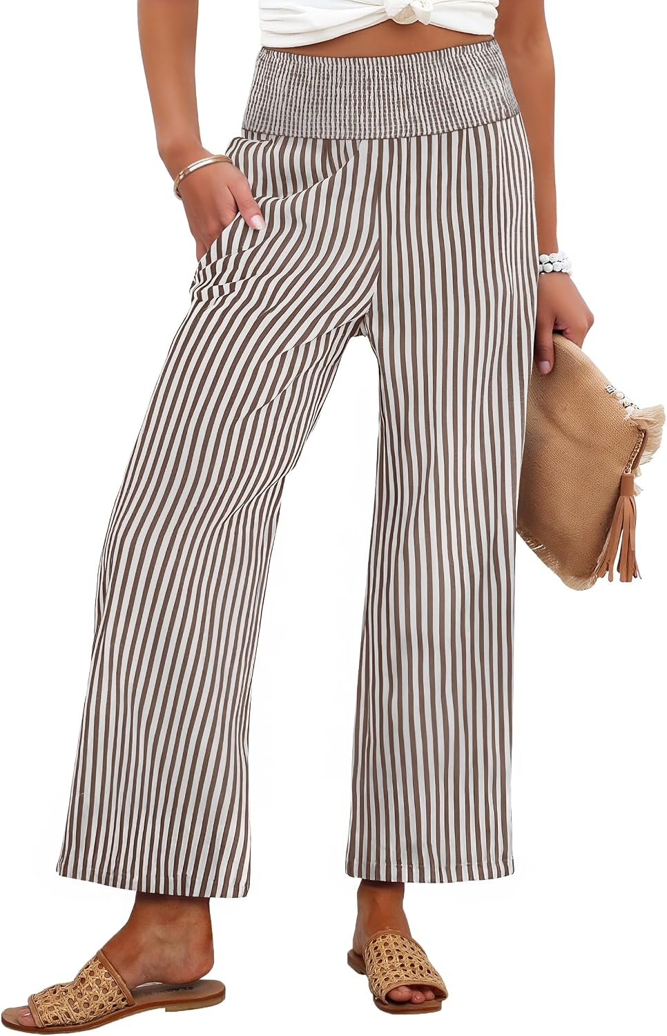 Thumbnail 6 de ANRABESS Striped Gingham Palazzo Pants with Smocked High-Waisted Cropped Design