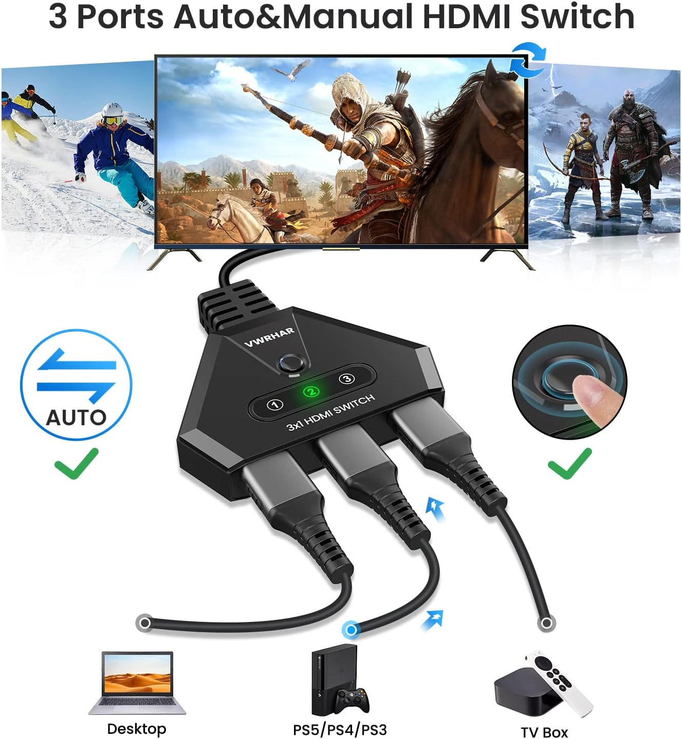 Thumbnail 2 de VWRHar Switch HDMI 4K a 3 porte