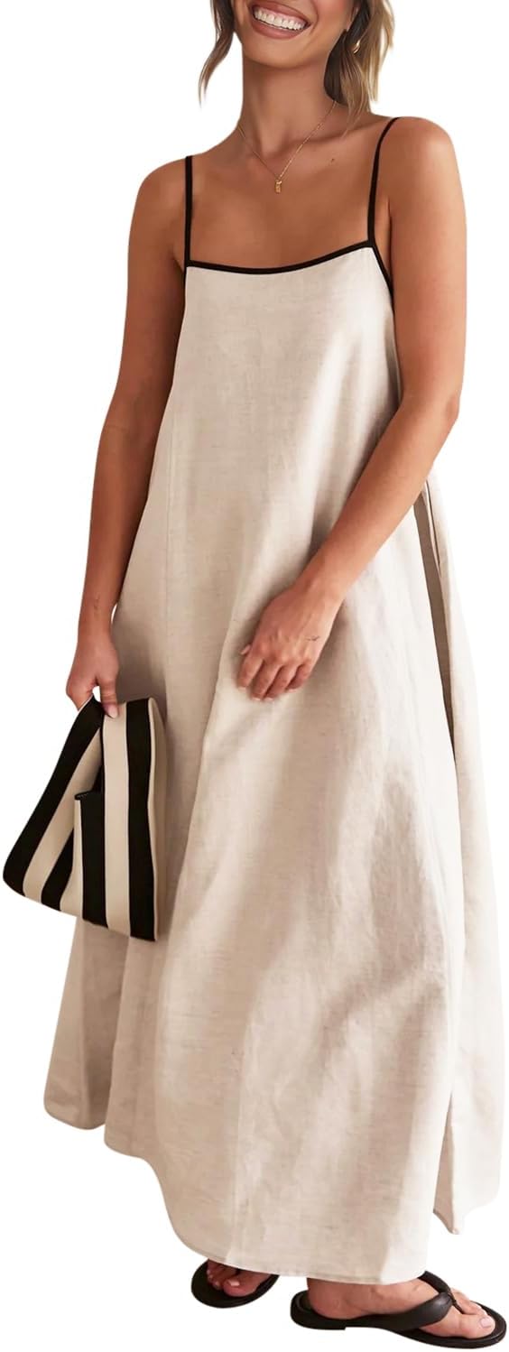 Thumbnail 3 de Shy Velvet Linen Maxi Dress (Women’s) — Back Tie, Contrast Trim & Spaghetti Straps
