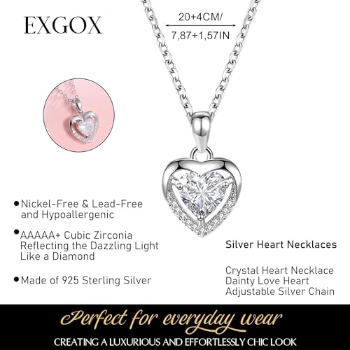 Detalle de EXGOX Silver Heart Necklace 925 Sterling Silver with White Crystal Heart – Adjustable Dainty Pendant for Women
