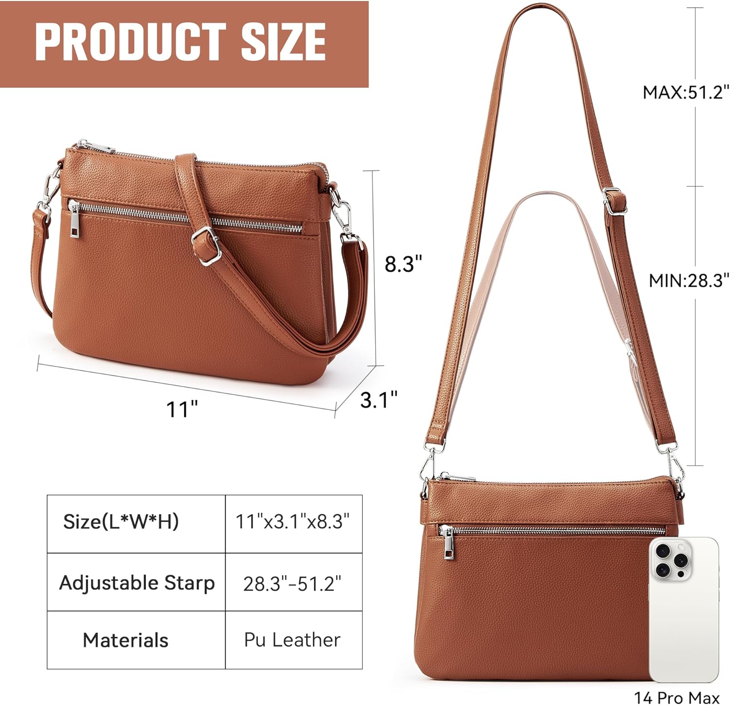 Thumbnail 6 de KALIDI Crossbody Shoulder Bag for Women – Multi Pocket Vegan Leather, Adjustable Strap