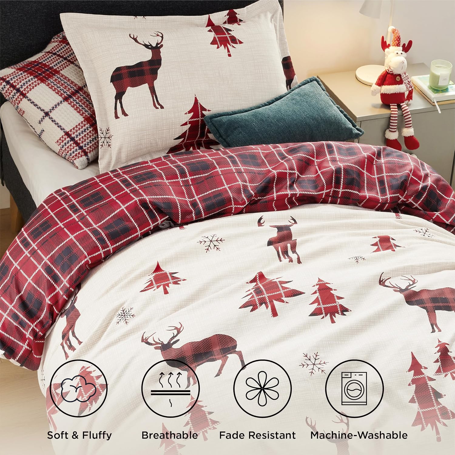 Detalle 1 de Bedsure Twin Christmas Duvet Cover Set, Reindeer Print, Reversible Buffalo Check