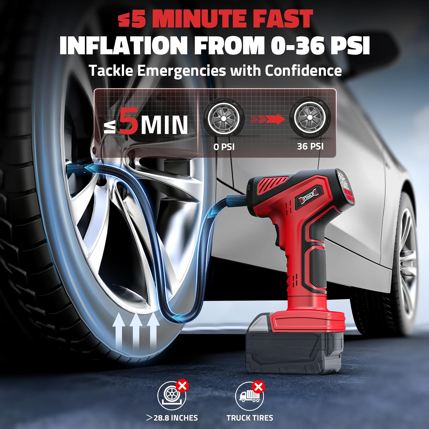 Thumbnail 2 de DIYtoolifz 150PSI Cordless Tire Inflator (Bare Tool) with LCD & LED — Compatible with Milwaukee 18V Batteries