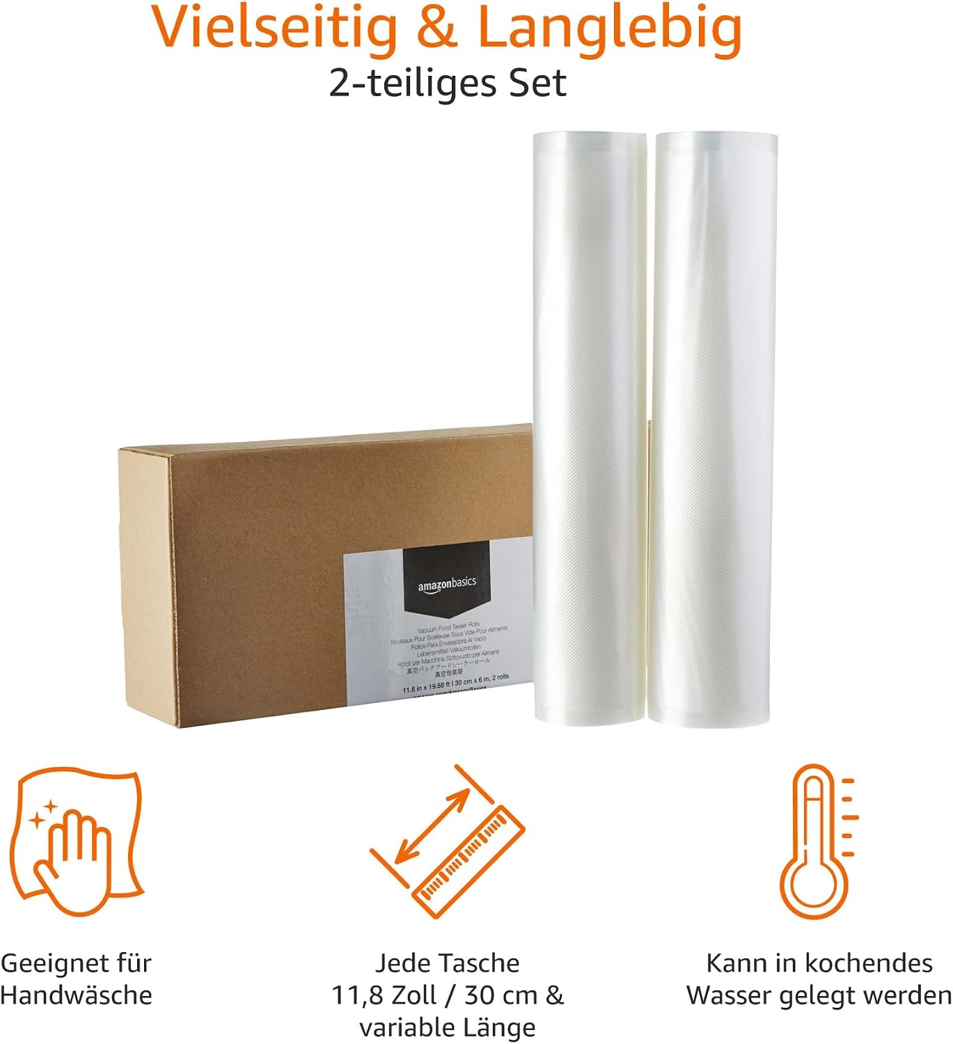 Detalle de Amazon Basics 30 cm x 600 cm Beutelrollen – 2 Rollen, BPA-frei, vakuumierbar, mikrowellengeeignet