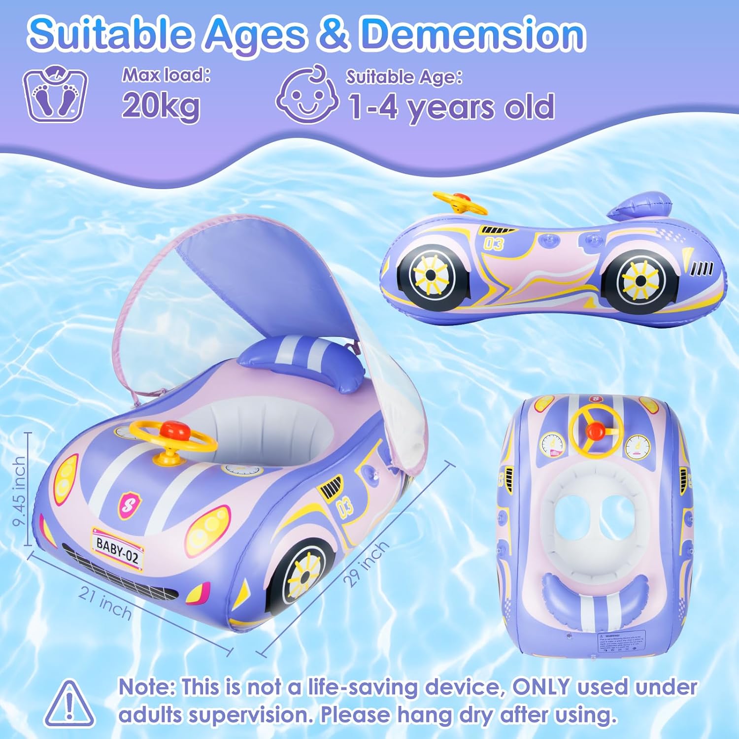 Thumbnail 3 de Olycism Bouée Bébé avec Pare Soleil UPF50+ et Volant – 1 à 4 Ans, Violet