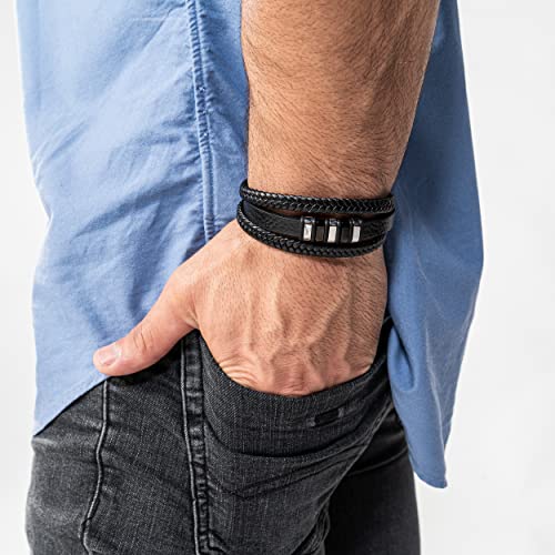 Detalle de SERASAR Bracelet Cuir Homme – Bracelet en cuir véritable noir et argenté, longueur 20 cm, réglable