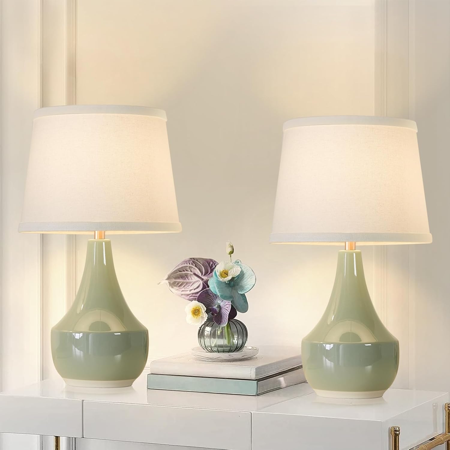 Detalle de GyroVu T00173 Ceramic Table Lamp Set of 2, Sage Green, Rocker Switch