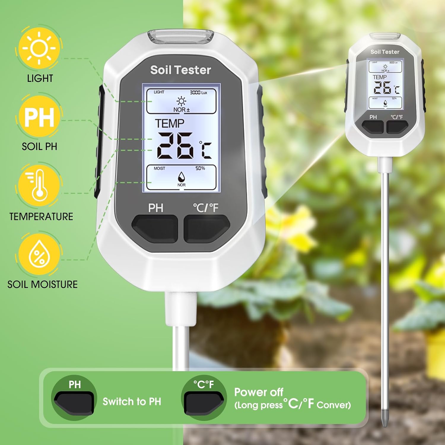 Thumbnail 1 de YAMRON 4-in-1 Soil Moisture Meter (Soil Moisture, pH, Temperature & Sunlight Intensity) with Backlit LCD