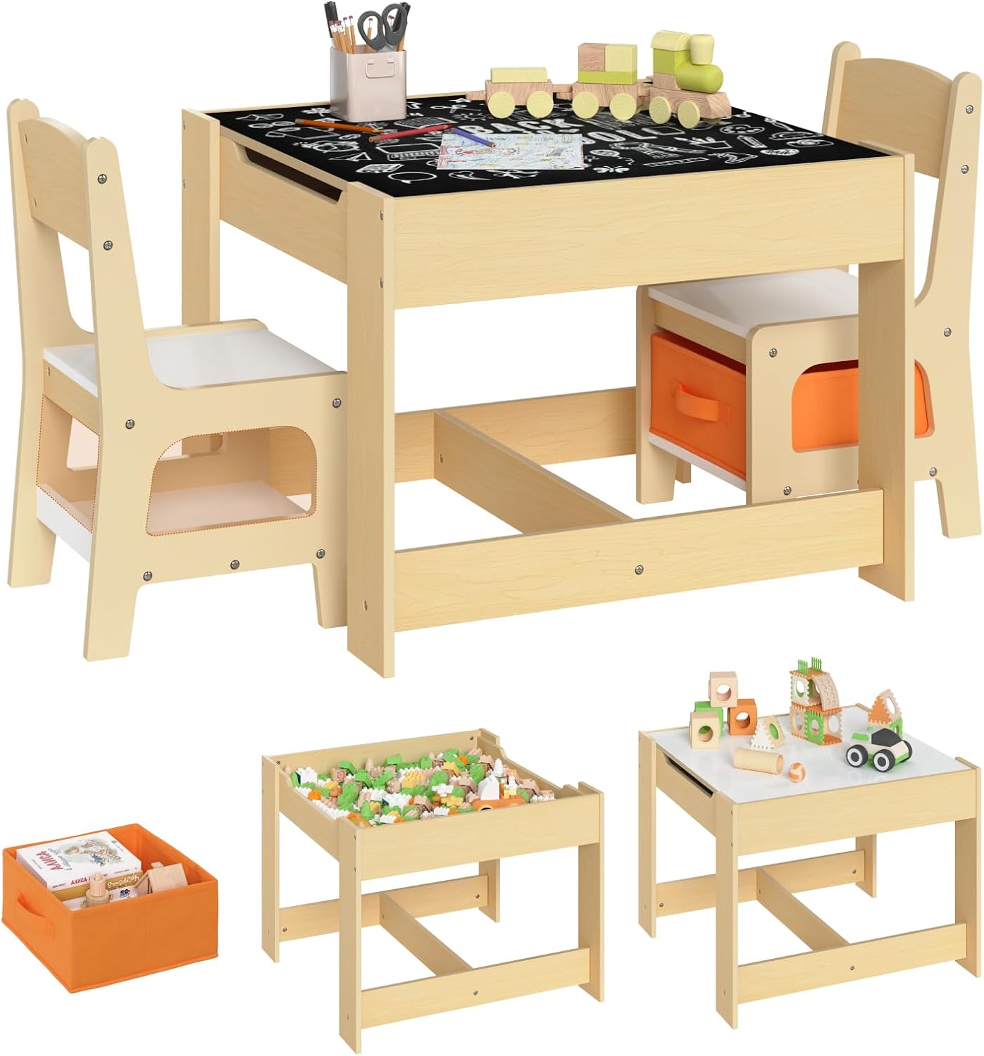 WOLTU Kindersitzgruppe (3-tlg.) mit Kindertisch, Kreidetafel & Stauraum