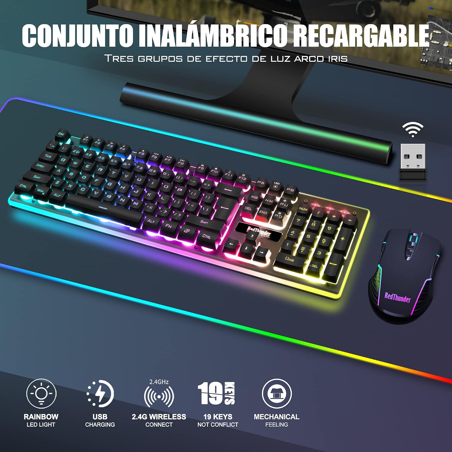 Thumbnail 6 de RedThunder K10: Teclado y Ratón Inalámbricos Gaming con Iluminación RGB y Batería Recargable (Disposición ES) para PC/PS5/Xbox