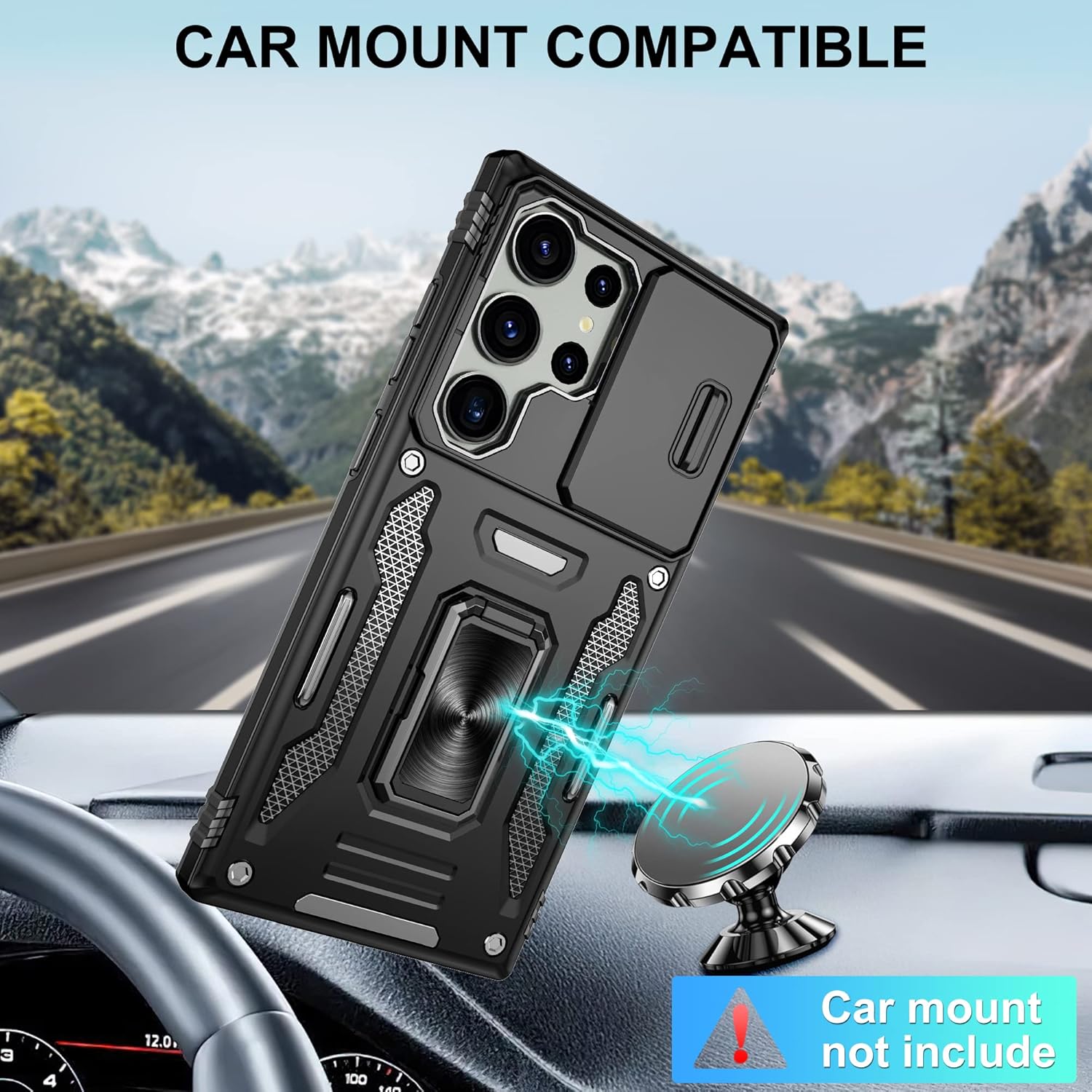 Thumbnail 1 de Jshru shockproof case for Samsung Galaxy S23 Ultra 5G with sliding camera cover and ring kickstand (Black)