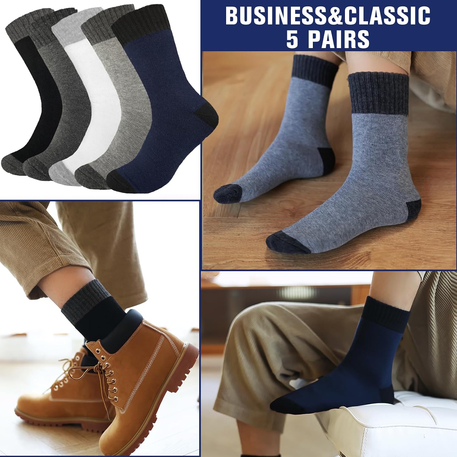 Detalle de VoJoPi Men’s Thermal Socks, 5-Pair Wool-Blend Crew Socks for Winter